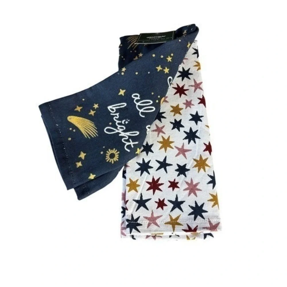 Midnight Forest Celestial Kitchen Towel Set Navy Gold & White Star Moon GIFT NEW